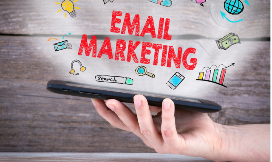 Email Marketing sign with drawn email marketing elements.
